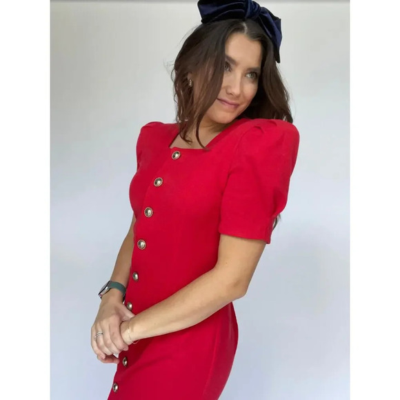 All that Jazz Vintage Red Holiday Mini Dress Gold Buttons - Size Medium - Picture 4 of 10